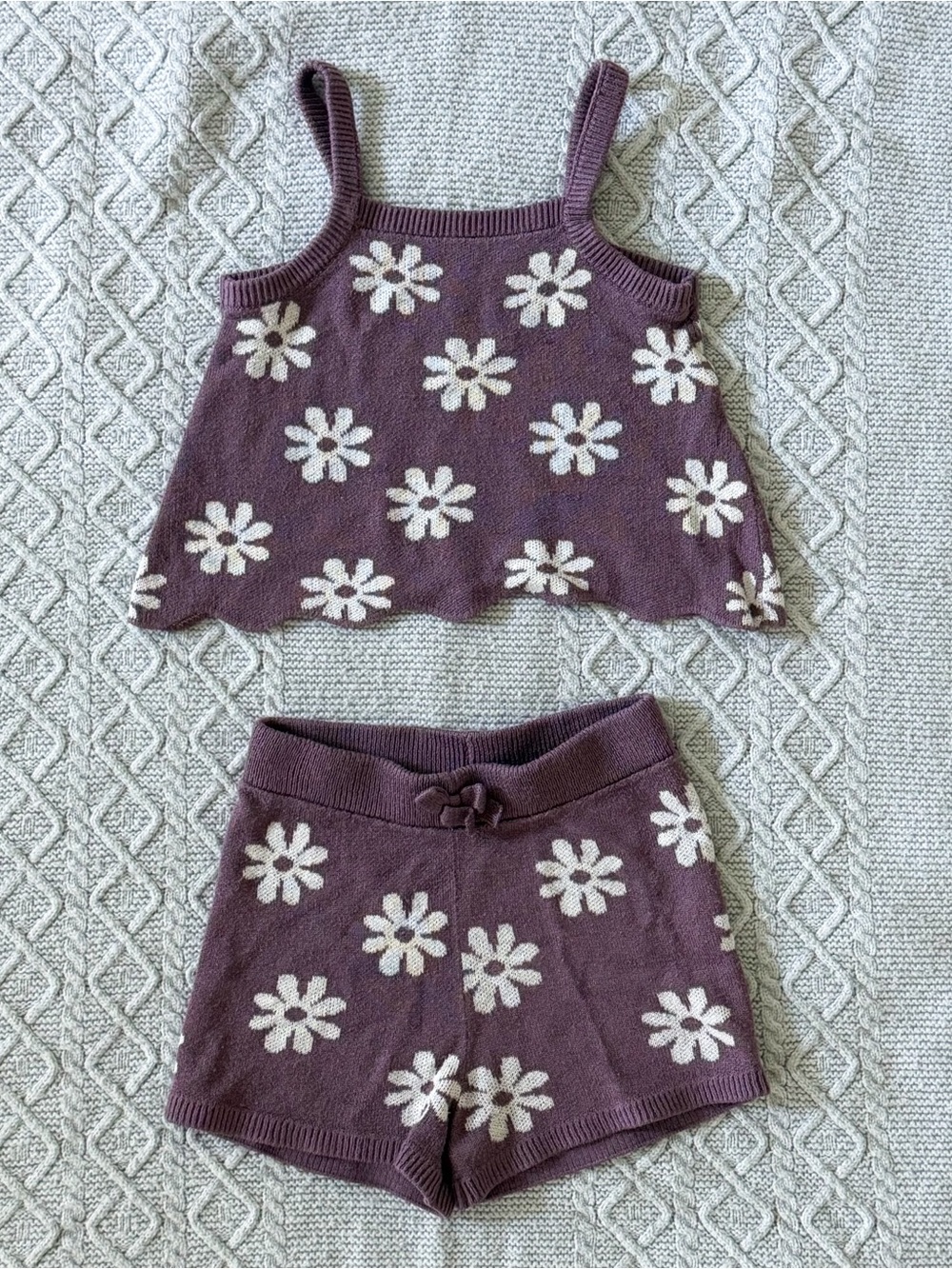 Toddler Girls Flower Print Knit Tank & Matching Shorts Set - Purple & White 18M